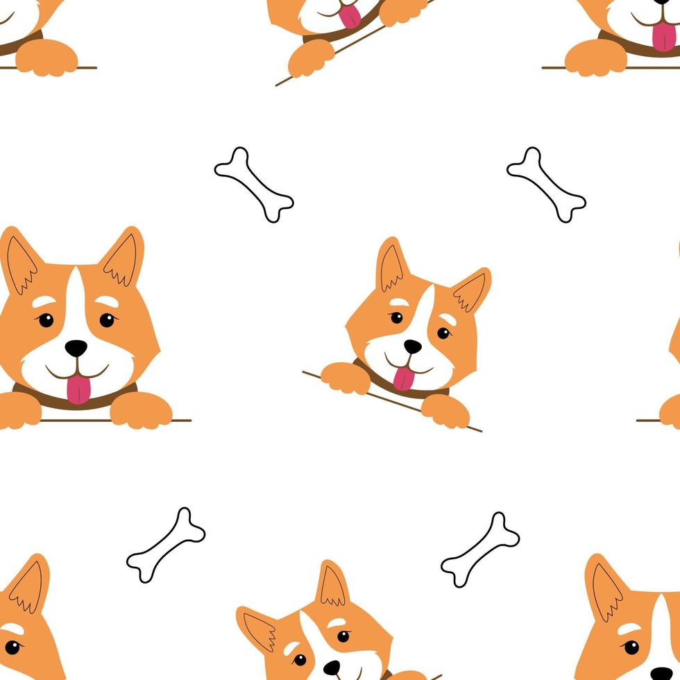 patrón impecable con cabezas y huesos de corgi. fondo blanco vectorial con mascotas alegres. lindo estilo dibujado a mano. perfecto para un blog, tienda de mascotas, sitio web, embalaje o textiles para niños vector