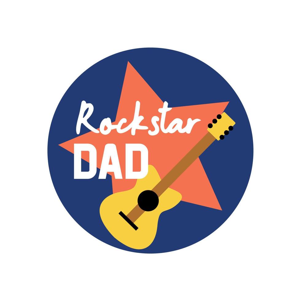 Rock star dad text sign guitar retro style. Vector illustration flat style medal emblem award blue red