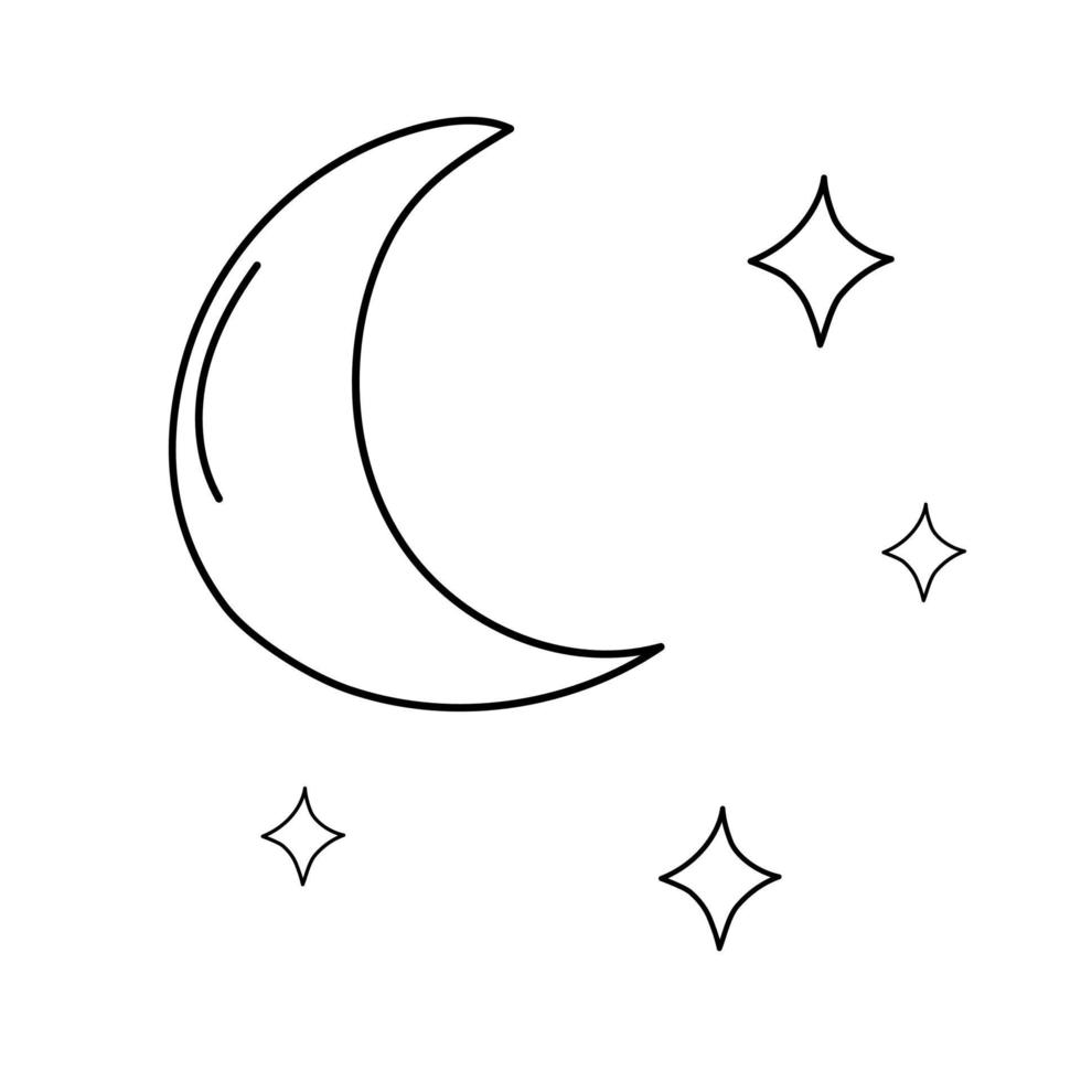 Illustration of a crescent moon and stars on a white background. Vector clipart is black in doodle style. Perfect for chidren closes, wallpapers, dishes or for coloring book