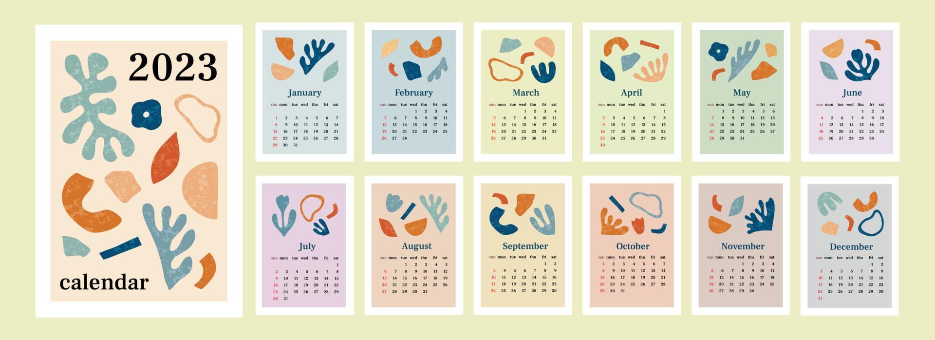 calendario 2023 con elementos orgánicos abstractos y textura. inicio de semana el domingo. juego de 12 meses, tapa y una hoja del año. plantilla para tamaño a4 a3 a5. ilustración vectorial en estilo moderno vector