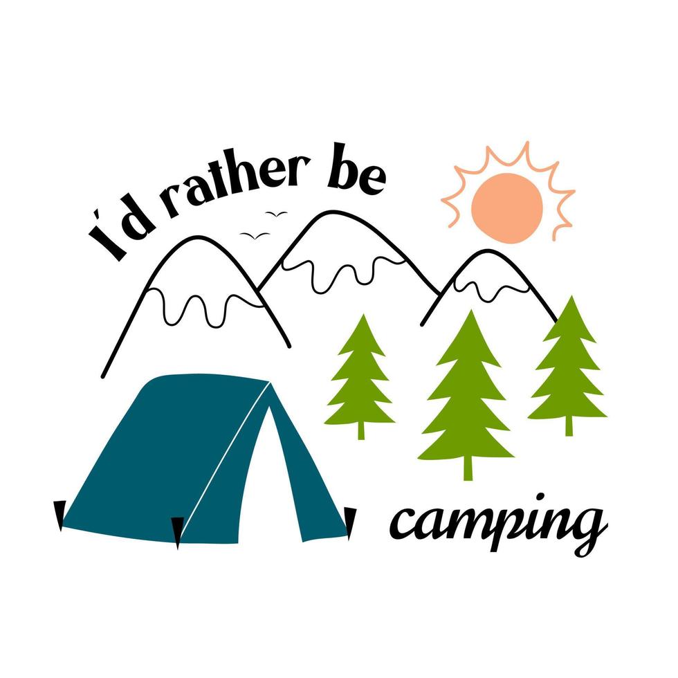 Mountains, sun, forest, and tent. Vector illustration in color doodle style. Hiking vacation concept. Suitable for advertising a camping site or organizing hikes