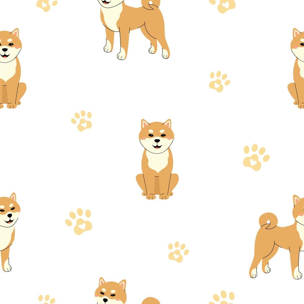 Seamless pattern with shiba inu in different poses and paw print. White vector background in hand-drawn style. Cute pattern for children's bathroom, pajamas, bedroom, pet shop or animal blog