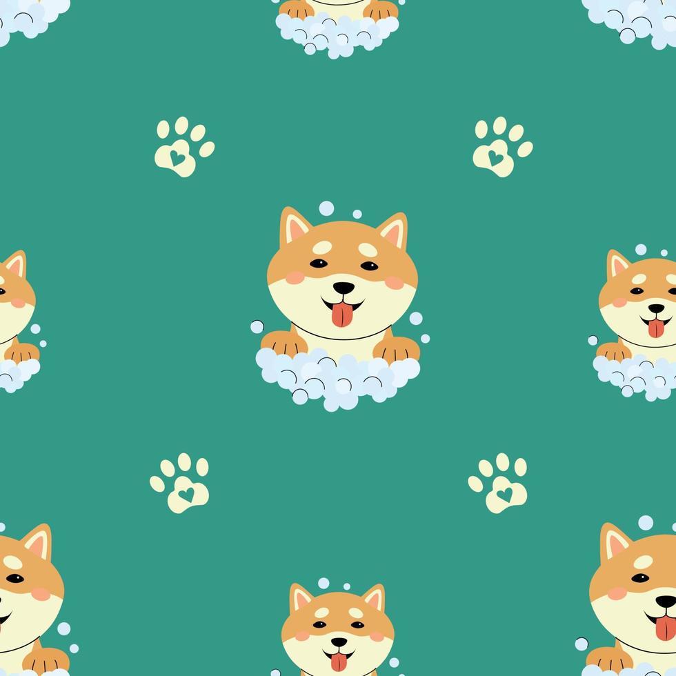 Seamless pattern with shiba inu, soap bubbles and paw print. Green vector background with funny puppies in hand-drawn style. Pattern for children's bathroom, pajamas, bedroom or animal pet shop