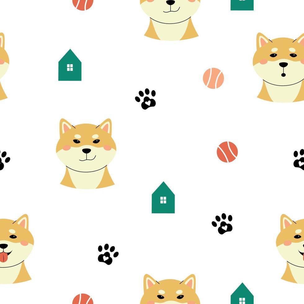 A pattern with different emotions of shiba inu. Minimalistic cute white background in pastel shades. Perfect for wallpaper, packaging, textiles or nursery advertising vector