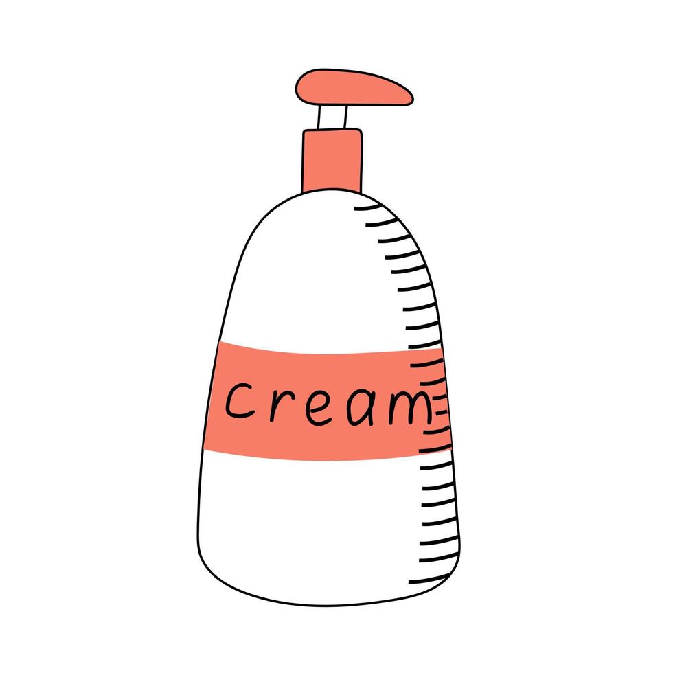 Cream or soap in the dispenser. Vector illustration in doodle style on a white background with strokes. Skin and body care product