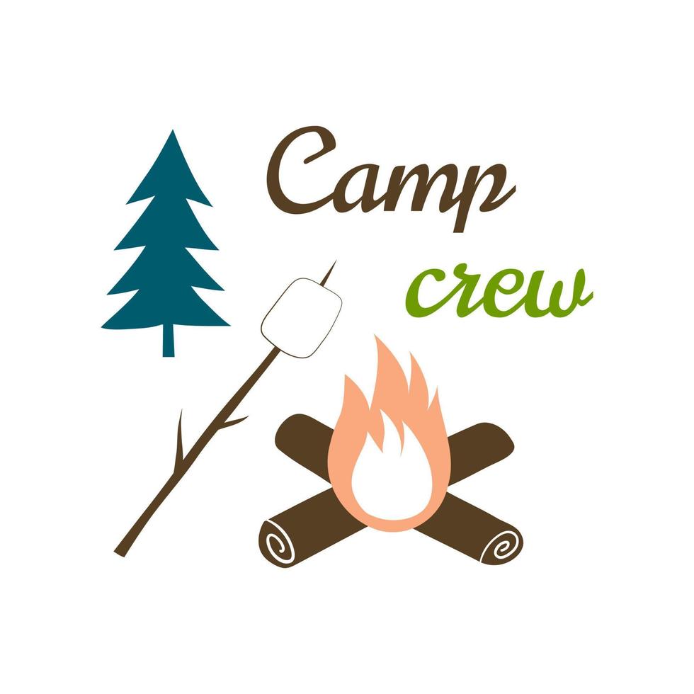 Vector Illustration with a fire, marshmellow and a fir tree and camping crew phrase