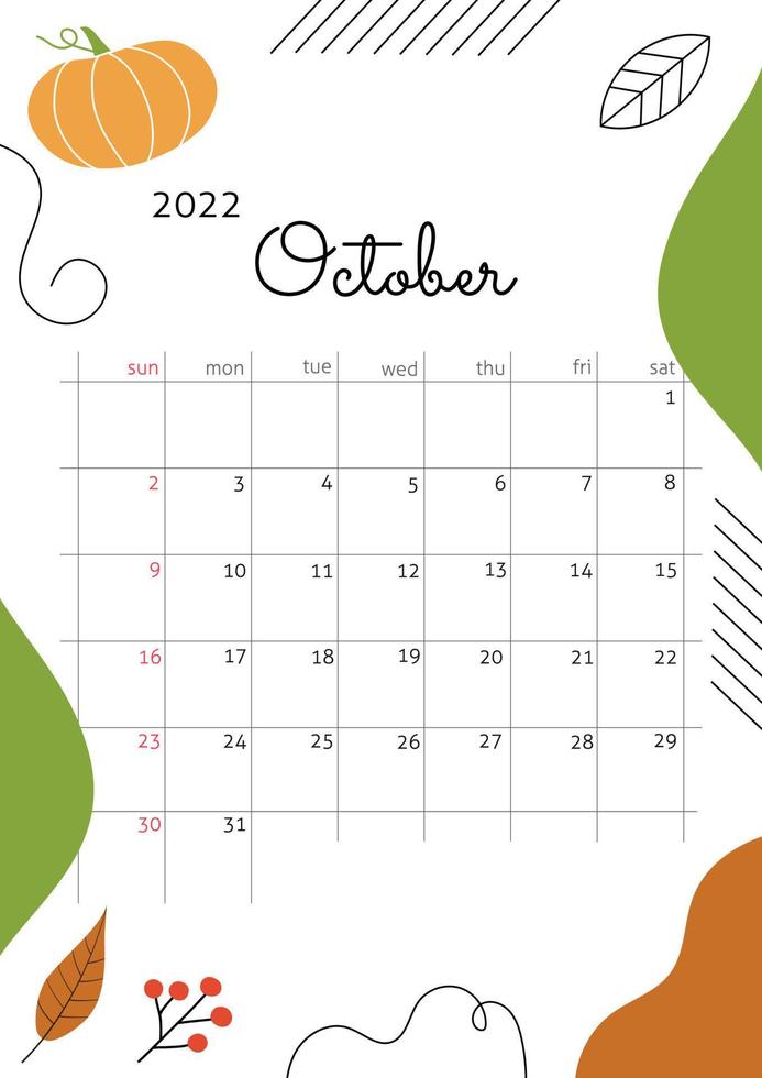 Month October 2022 with abstract elements, lines, berries, leaves and pumpkin. Vertical autumn poster with cozy atmosphere. Vector illustration. Calendar grid with squares for entries