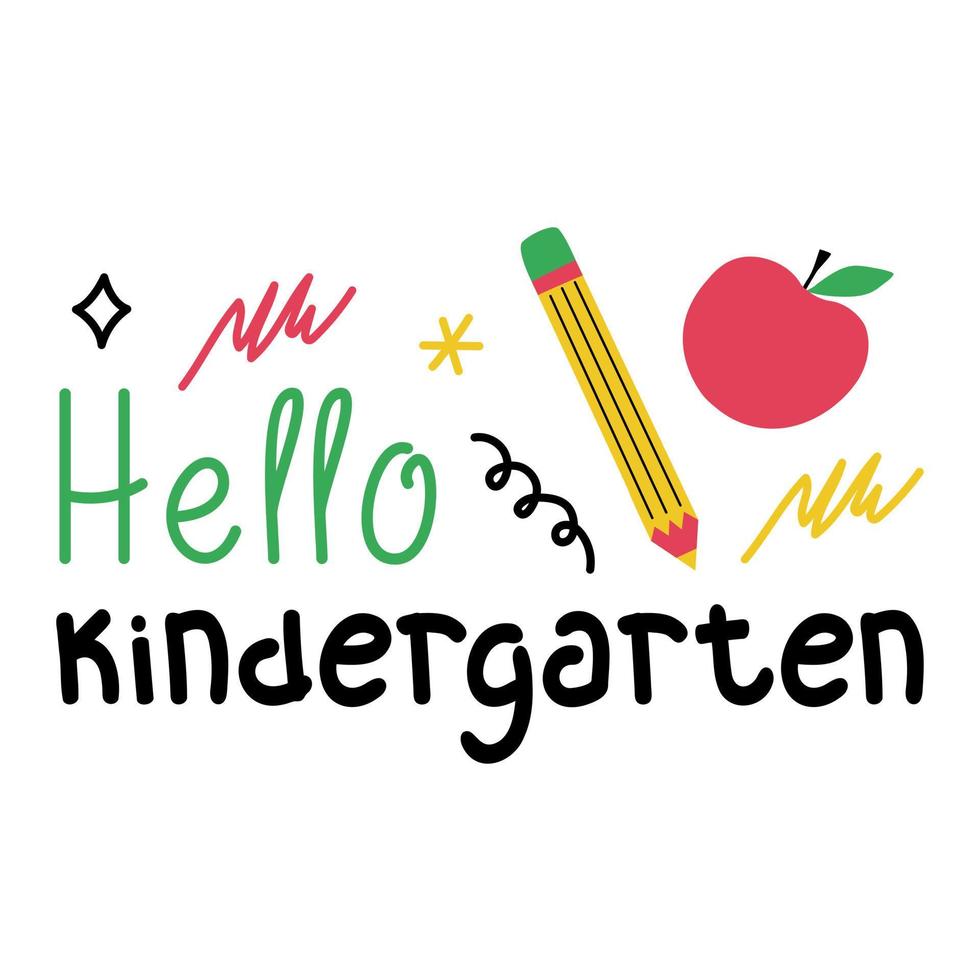 Hello kindergarten banner. Vector illustration in doodle style. Kindergarten poster, sign, stationery decoration