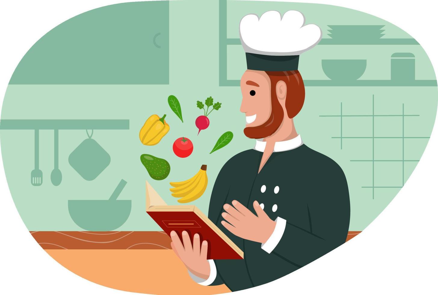 Vector illustration of happy cook in the kitchen background