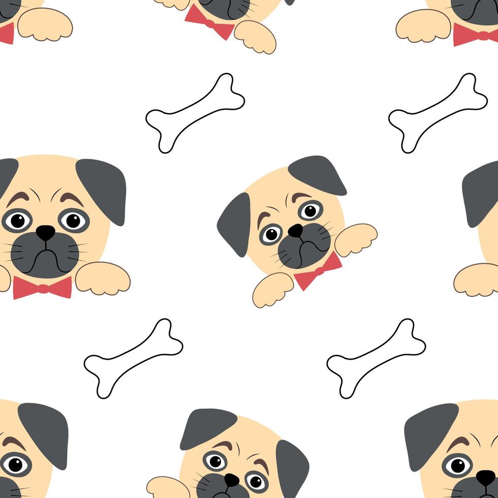 Seamless pattern with pug heads, bow ties and bones. Vector white background with cheerful pets. Cute hand drawn style. Perfect for packaging, wallpaper or children's textiles