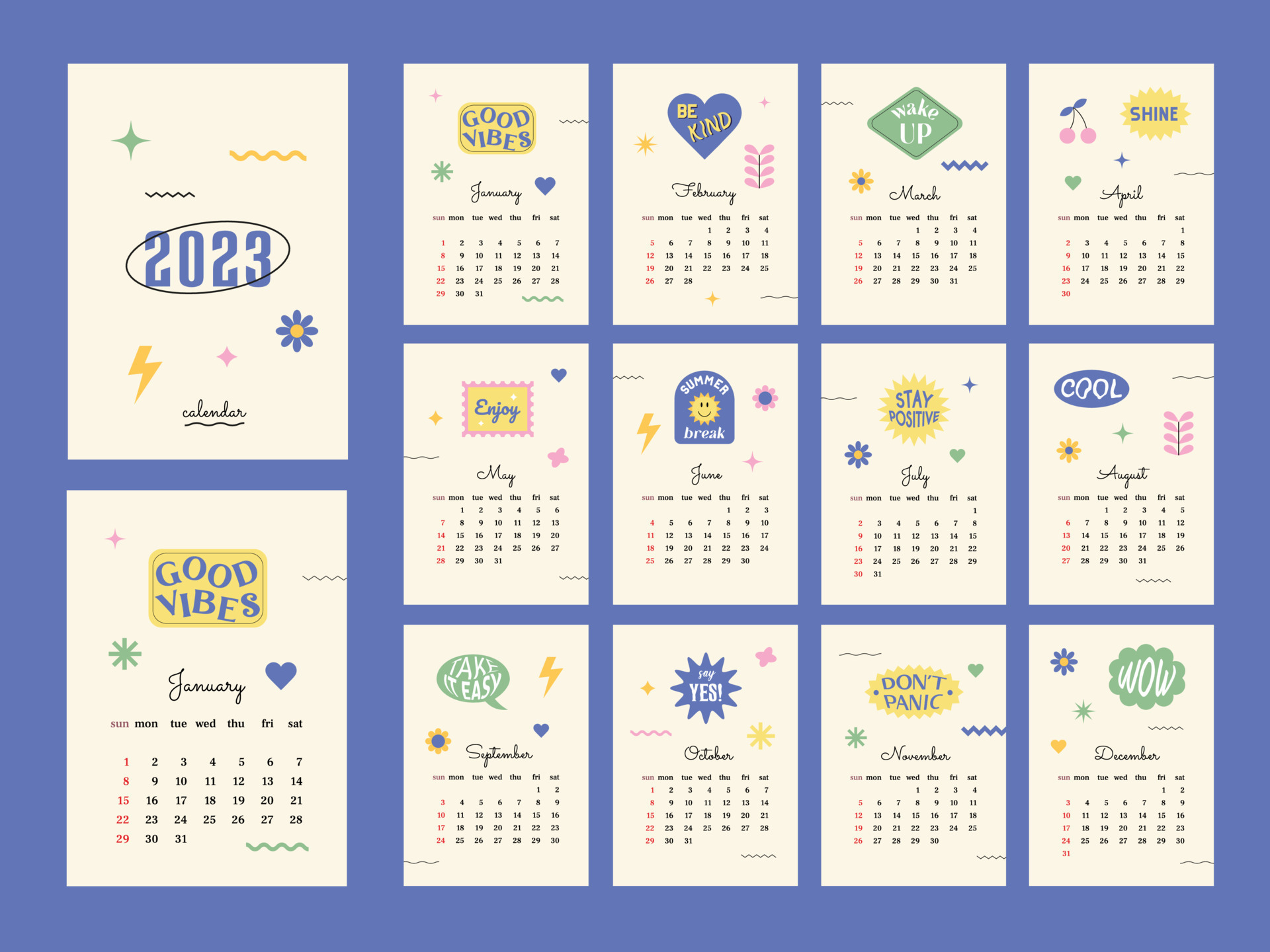 Calendar 2023 with retro shapes and positive stickers week start on