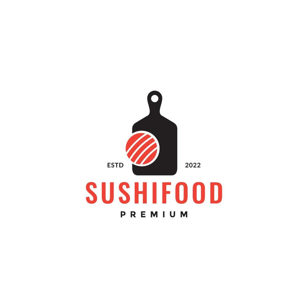 sushi fish meat with cutting board logo design vector