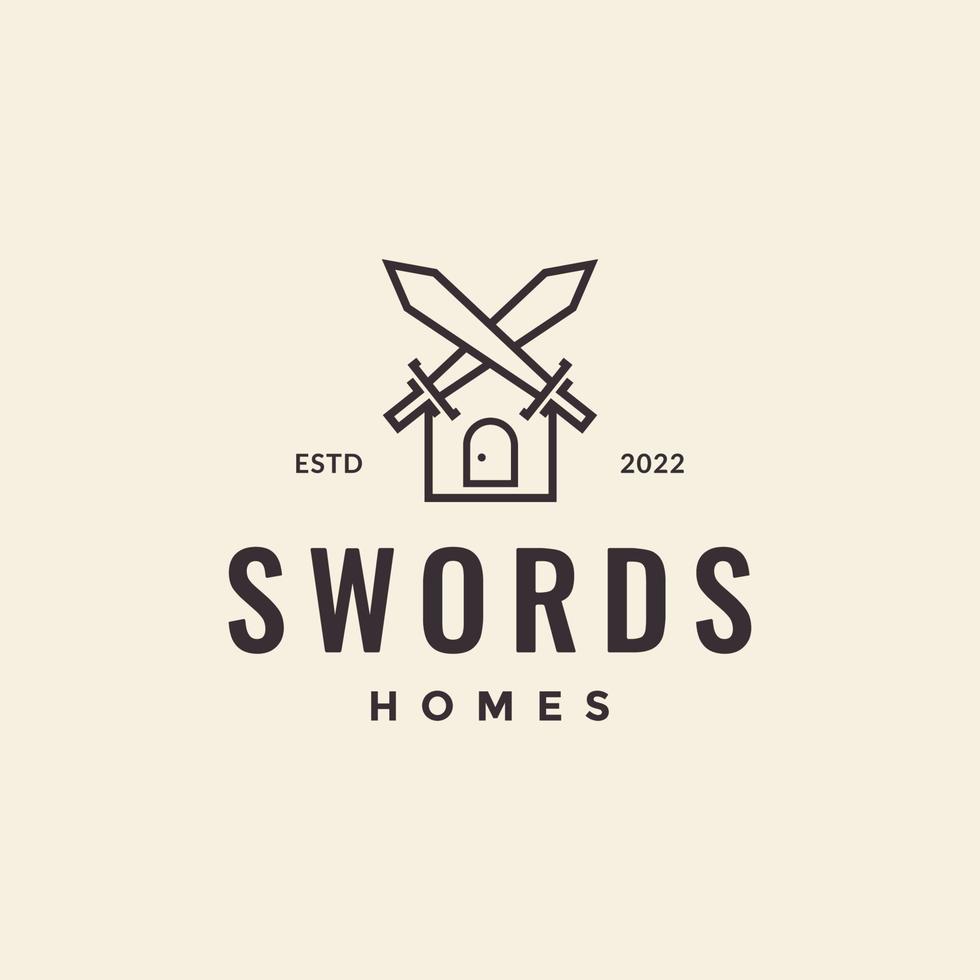 cross swords home line hipster logo vector