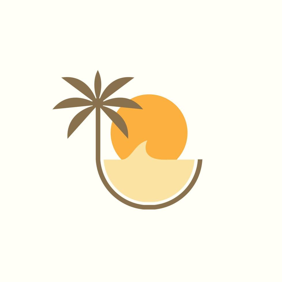 diseño estético del logotipo del árbol de coco de la ola de la puesta del sol vector