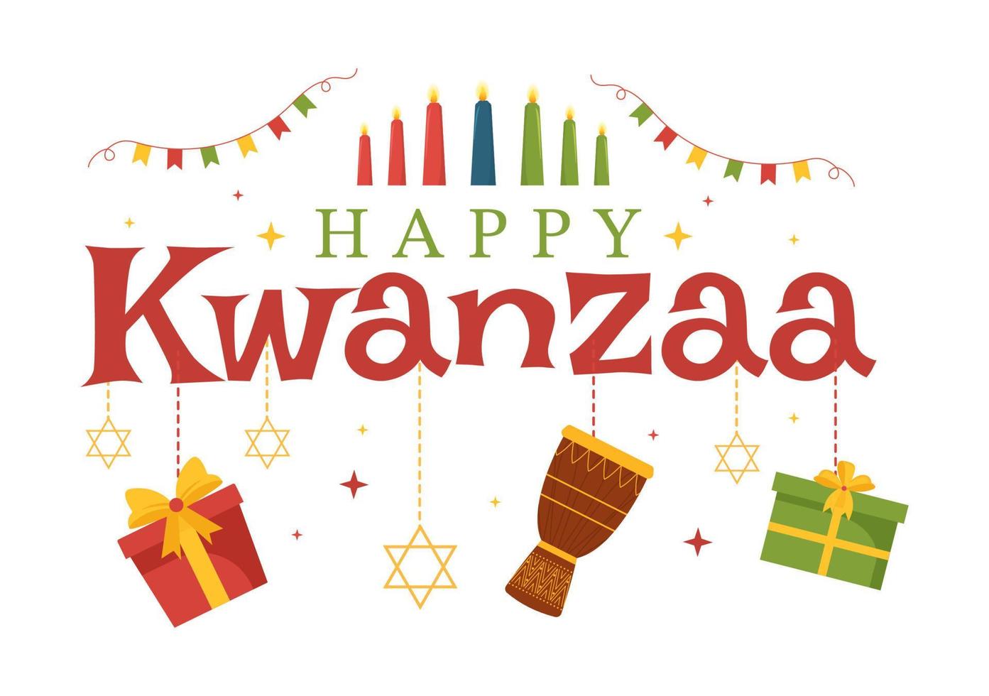 feliz kwanzaa vacaciones plantilla africana dibujado a mano dibujos animados ilustración plana con orden de nombre de 7 principios en diseño de símbolos de velas vector