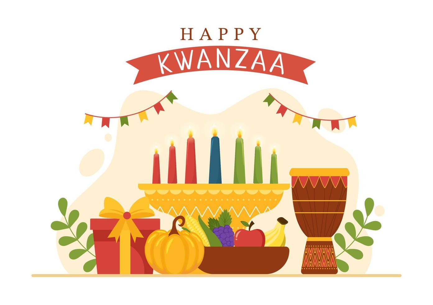 feliz kwanzaa vacaciones plantilla africana dibujado a mano ilustración plana de dibujos animados con orden de nombre de 7 principios en diseño de símbolos de velas vector