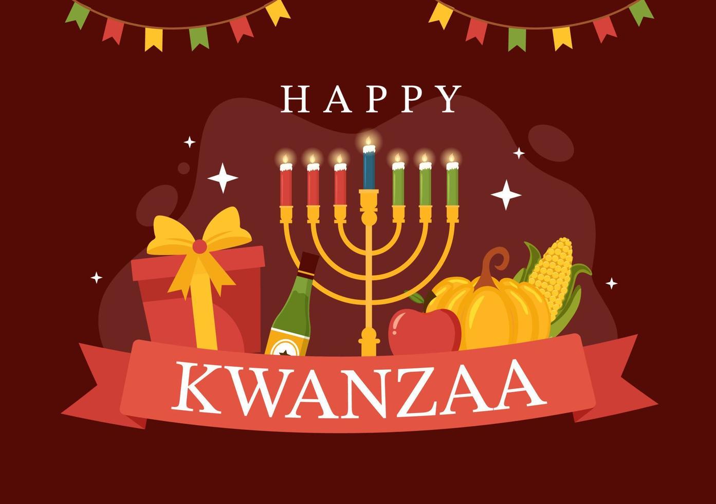 feliz kwanzaa vacaciones plantilla africana dibujado a mano dibujos animados ilustración plana con orden de nombre de 7 principios en diseño de símbolos de velas vector