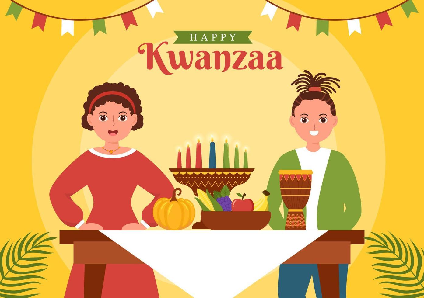 feliz kwanzaa vacaciones plantilla africana dibujado a mano dibujos animados ilustración plana con orden de nombre de 7 principios en diseño de símbolos de velas vector