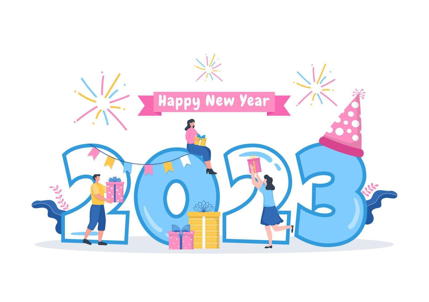 feliz año nuevo 2023 plantilla de celebración dibujado a mano ilustración  de fondo plano de dibujos animados con diseño de fuegos artificiales,  cintas y confeti 11325126 Vector en Vecteezy