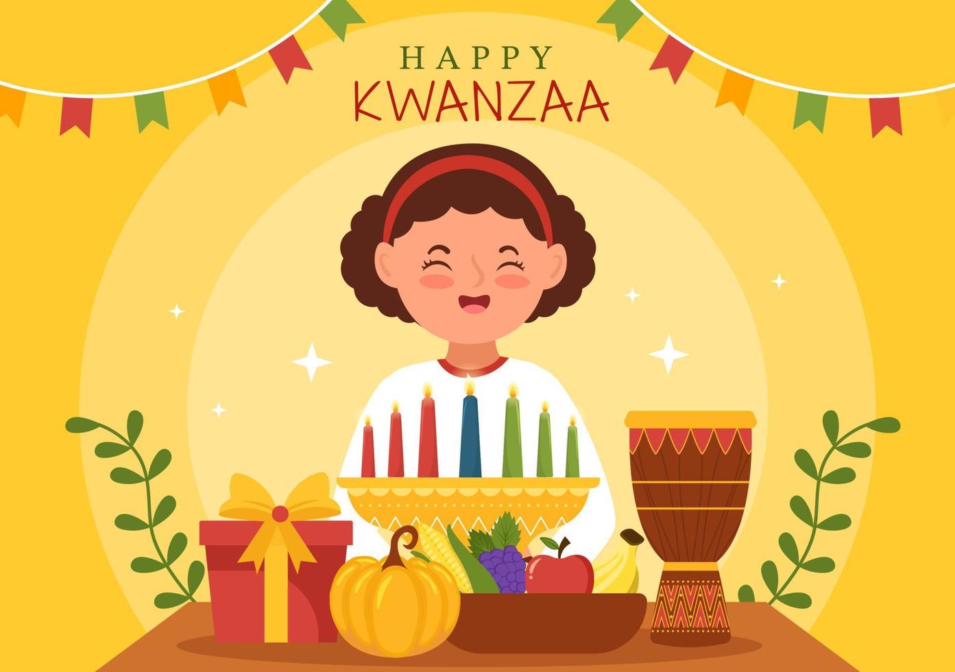 feliz kwanzaa vacaciones plantilla africana dibujado a mano dibujos animados ilustración plana con orden de nombre de 7 principios en diseño de símbolos de velas vector