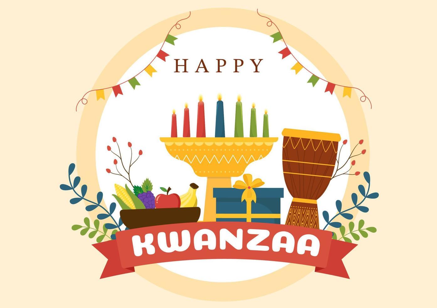 feliz kwanzaa vacaciones plantilla africana dibujado a mano dibujos animados ilustración plana con orden de nombre de 7 principios en diseño de símbolos de velas vector