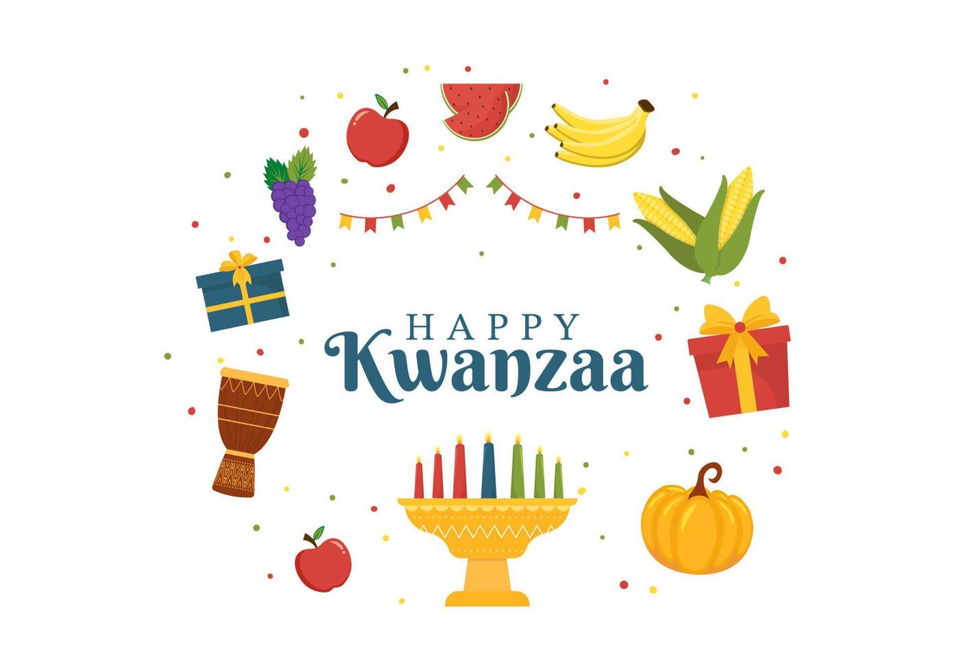 feliz kwanzaa vacaciones plantilla africana dibujado a mano dibujos animados ilustración plana con orden de nombre de 7 principios en diseño de símbolos de velas vector