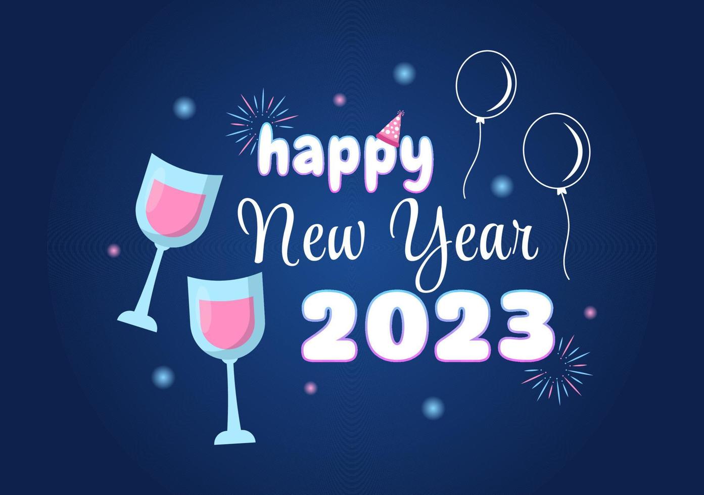 Happy New Year 2023 Celebration Template Hand Drawn Cartoon Flat Background Illustration with Fireworks, Ribbons and Confetti Design vector