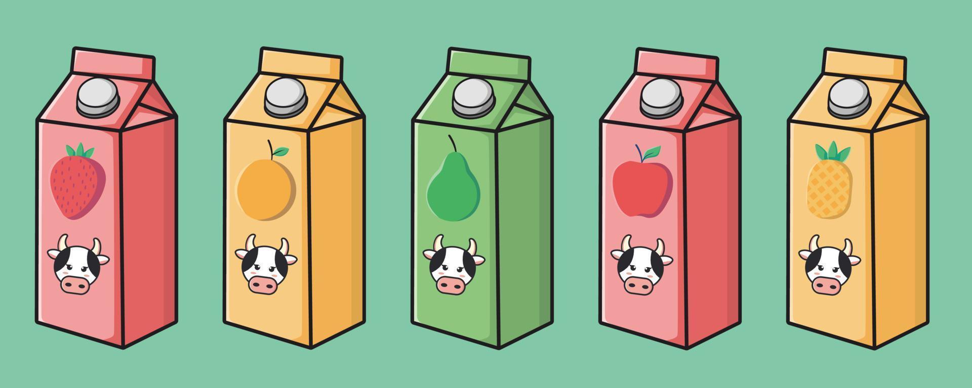 colección de cajas de leche de vaca con sabor a fruta vector