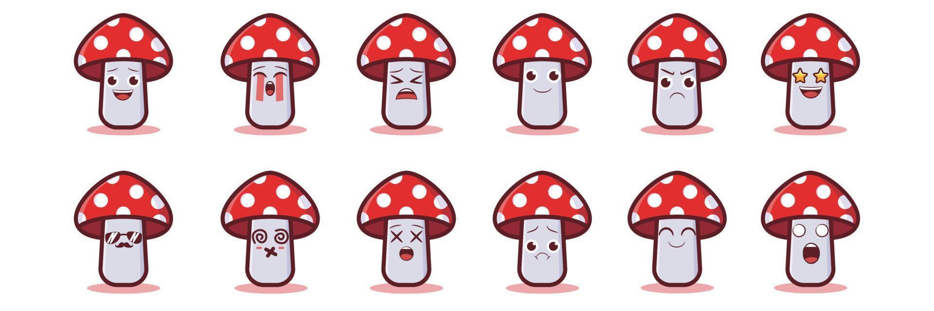 mushroom vector with 12 emoticons set