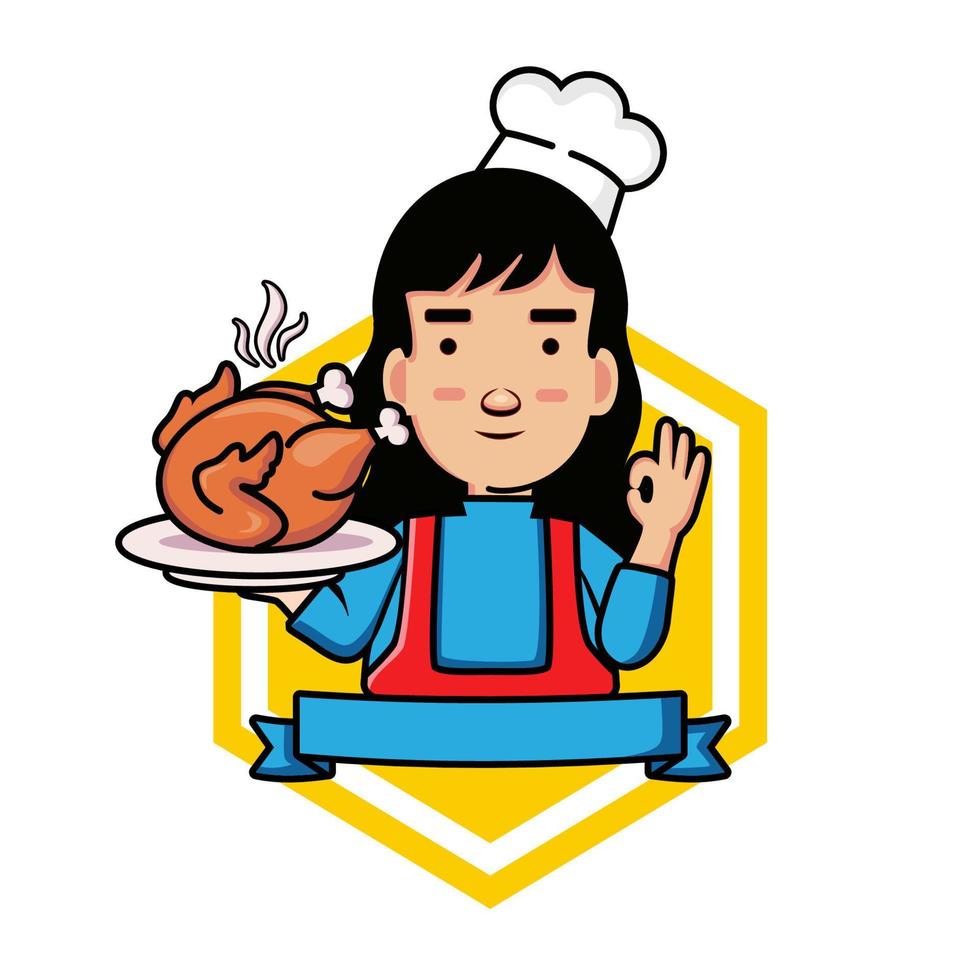 female chef cartoon character logo carrying fried chicken vector