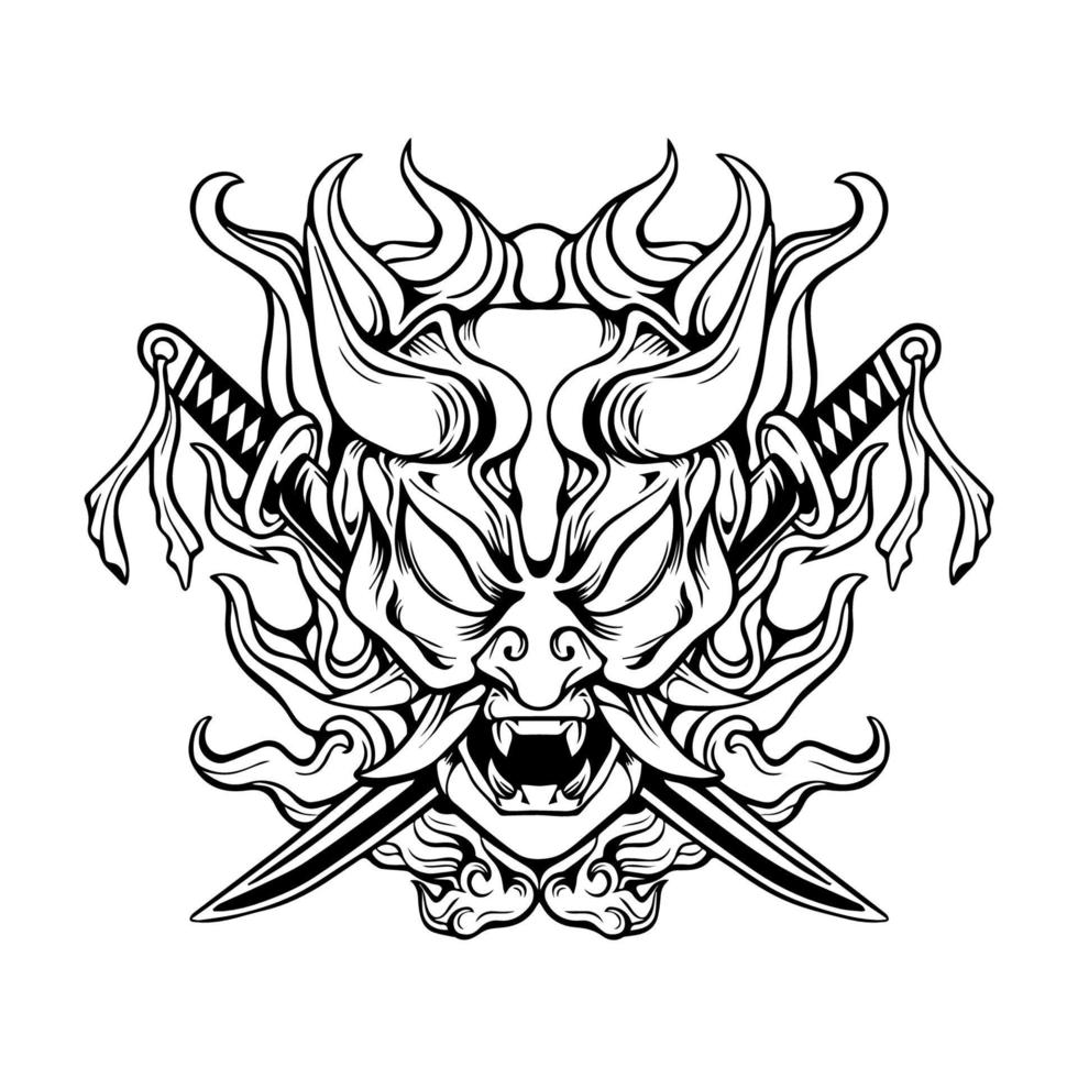 Hand Drawn Outline Samurai Skull And Sword Vector Art At Vecteezy