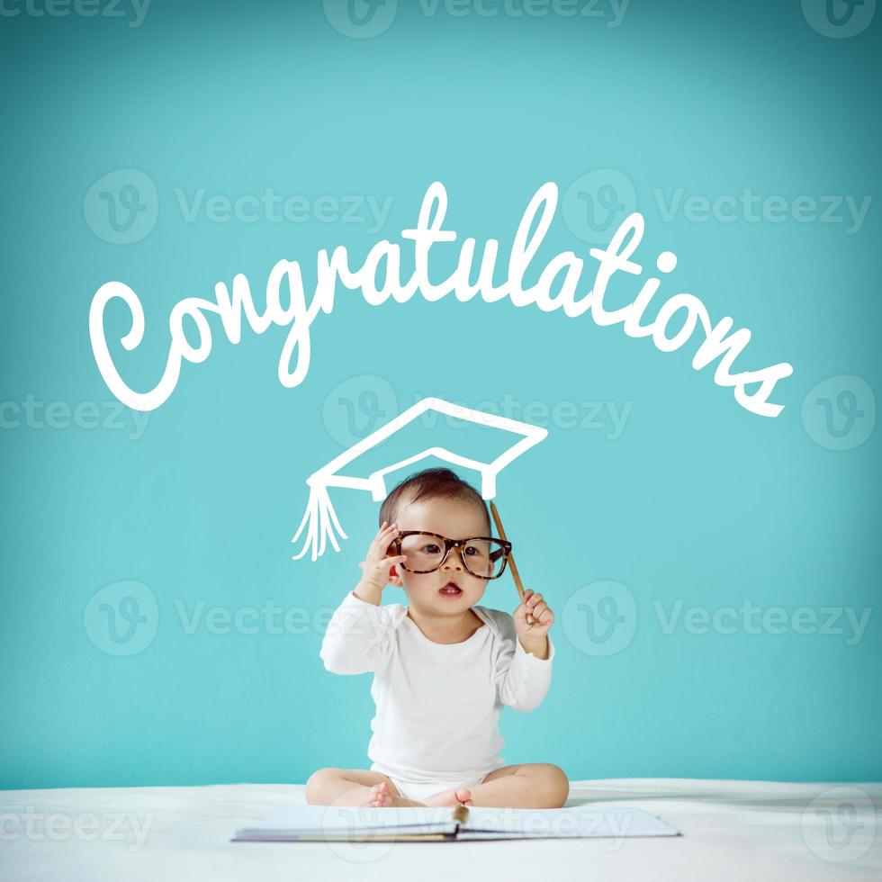 Newborn and blackboard with congratulation on background, School concept photo