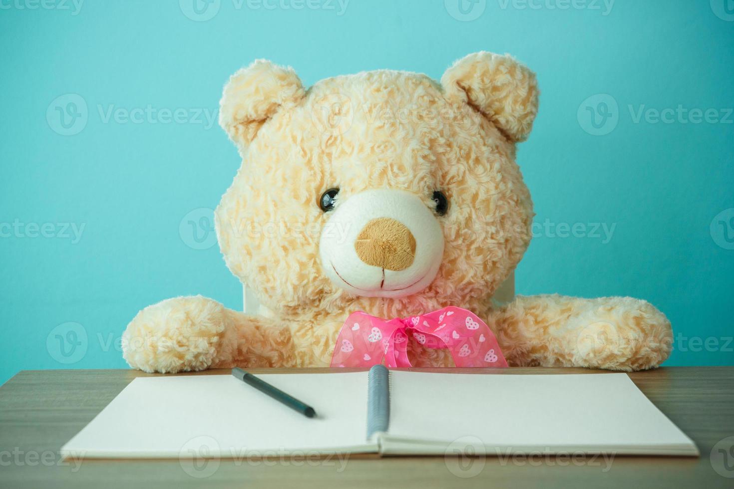 Conceptual shot of child education. Brown teddy bear leaning on books photo