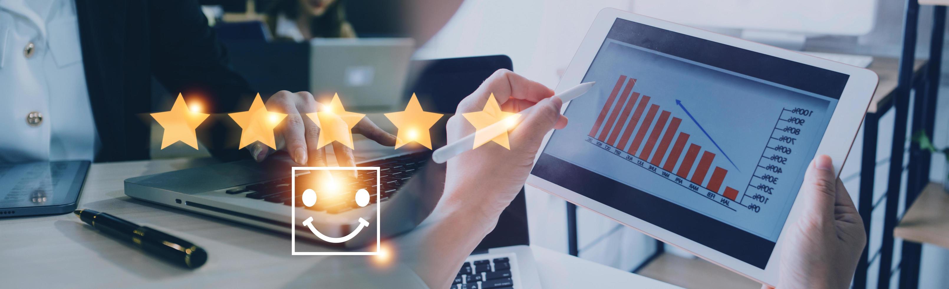 Customer evaluation feedback.men in suit Giving Positive Review for Client's Satisfaction Surveys.giving a five star rating. Service rating, satisfaction concept photo
