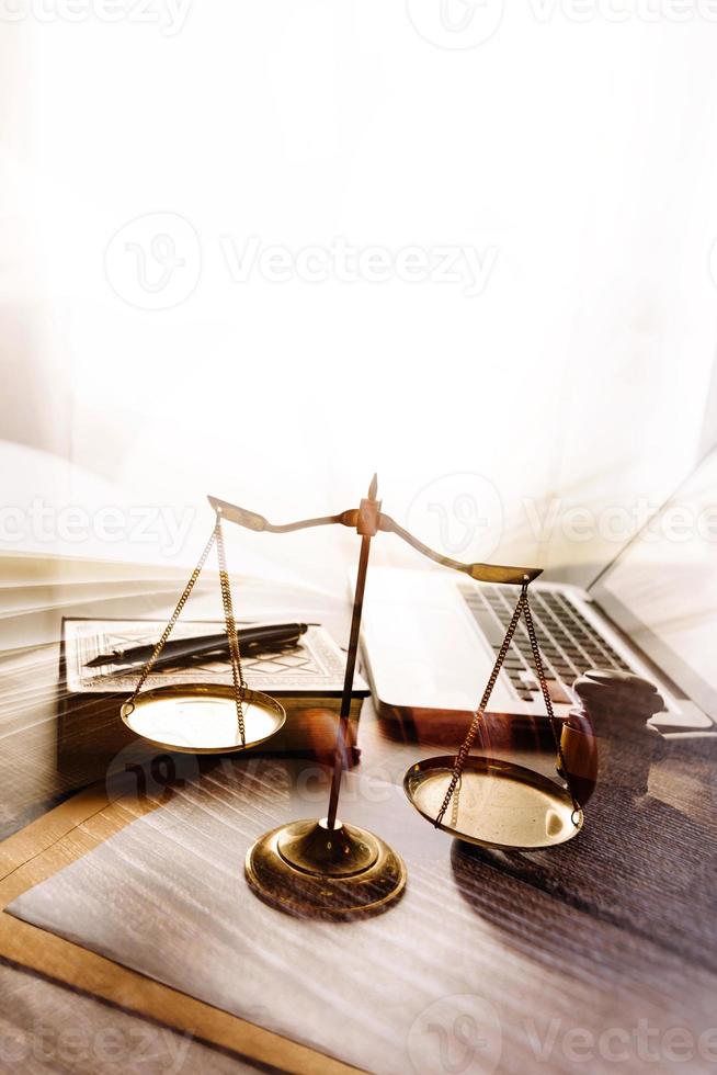 Business and lawyers discussing contract papers with brass scale on desk in office. Law, legal services, advice, justice and law concept picture with film grain effect photo