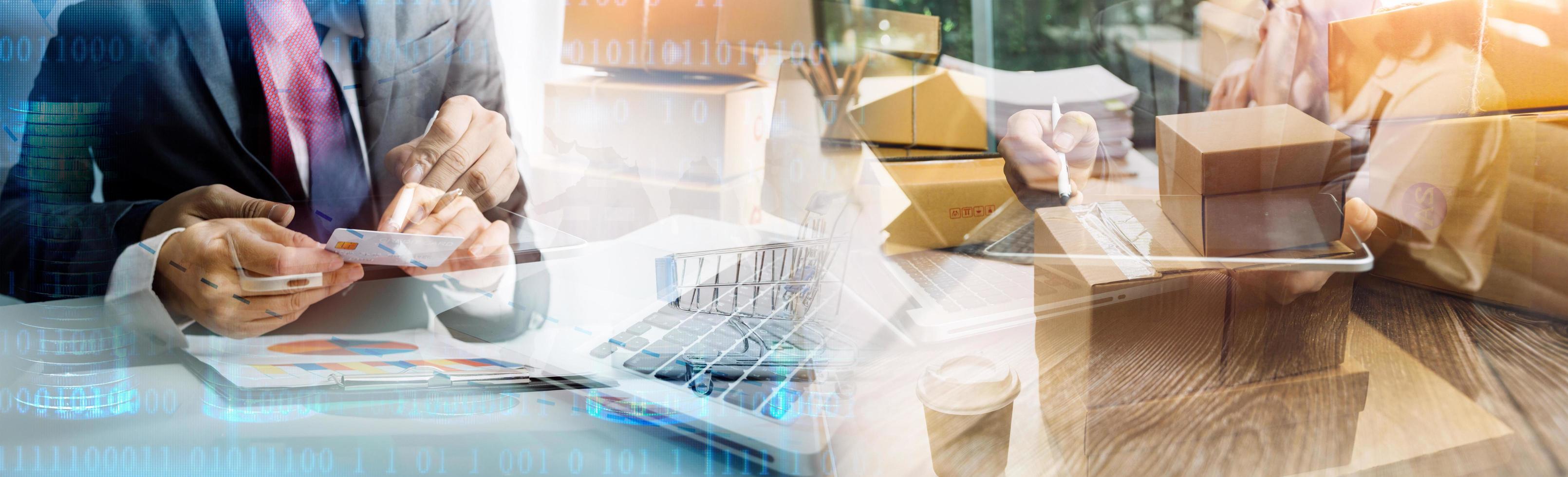 Startup small business entrepreneur or freelance Asian woman using a laptop with box, Young success Asian woman with her hand lift up, online marketing packaging box and delivery, SME concept. photo