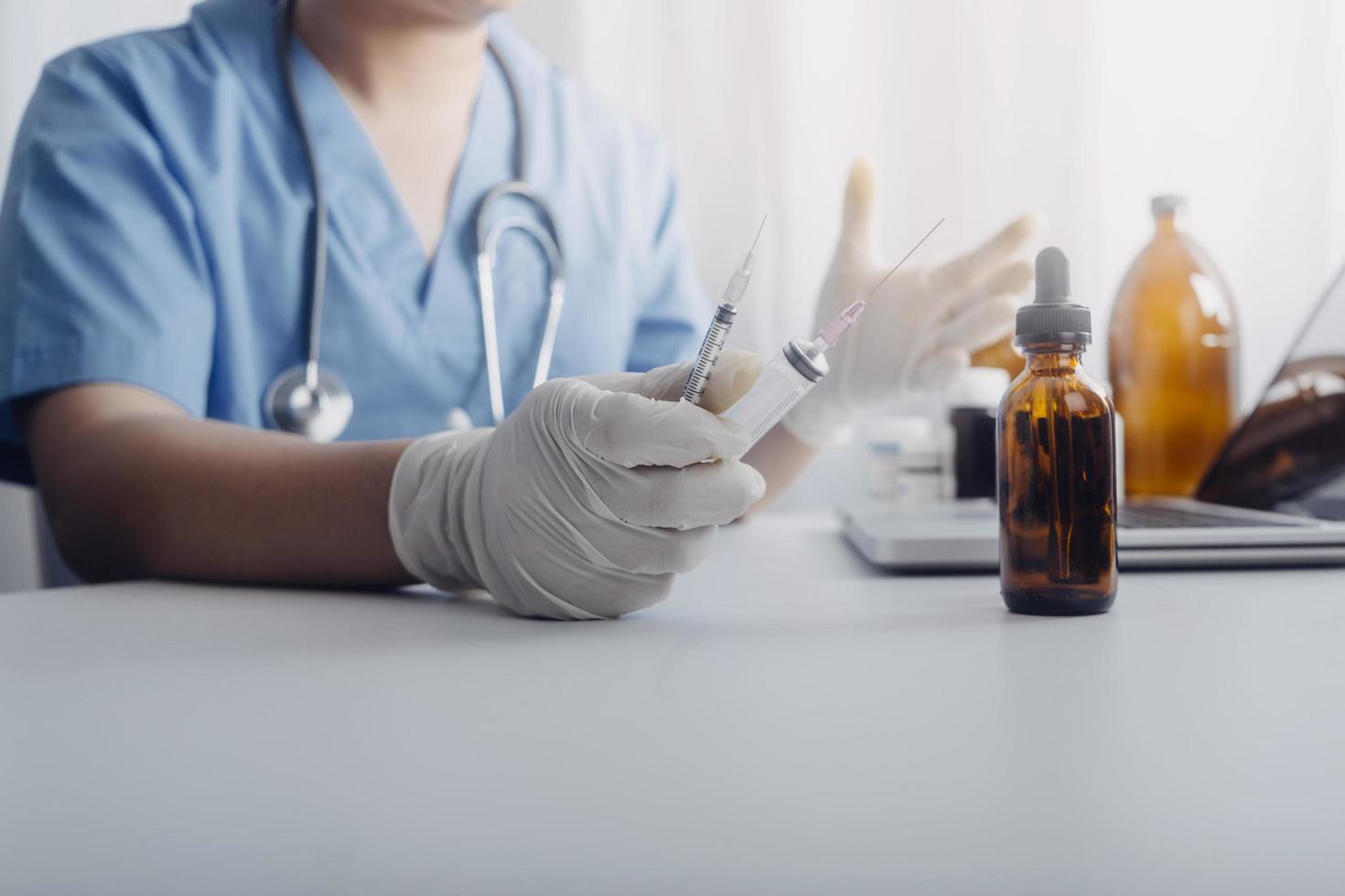 Medicine doctor and stethoscope touching icon medical network connection with modern interface on digital tablet in hospital background. Medical technology network concept photo
