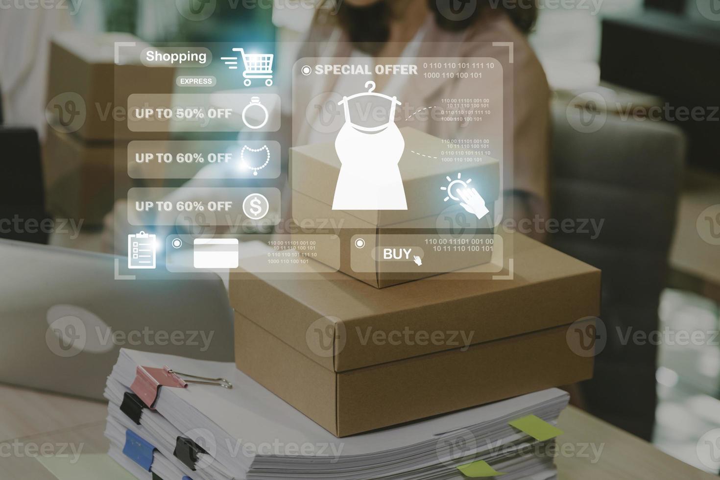 Attractive Asian SME business woman working at home office. online shopping concept photo