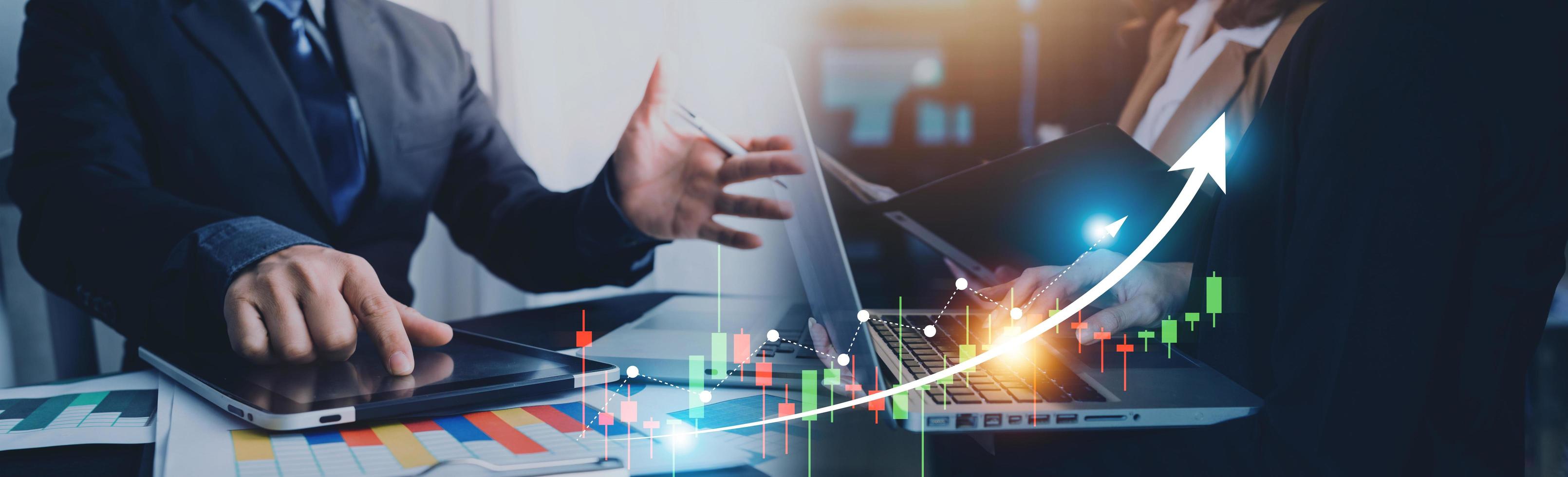 business finance technology and investment trading trader investor. Stock Market Investments Funds and Digital Assets. businessman analyzing forex trading graph financial data. photo