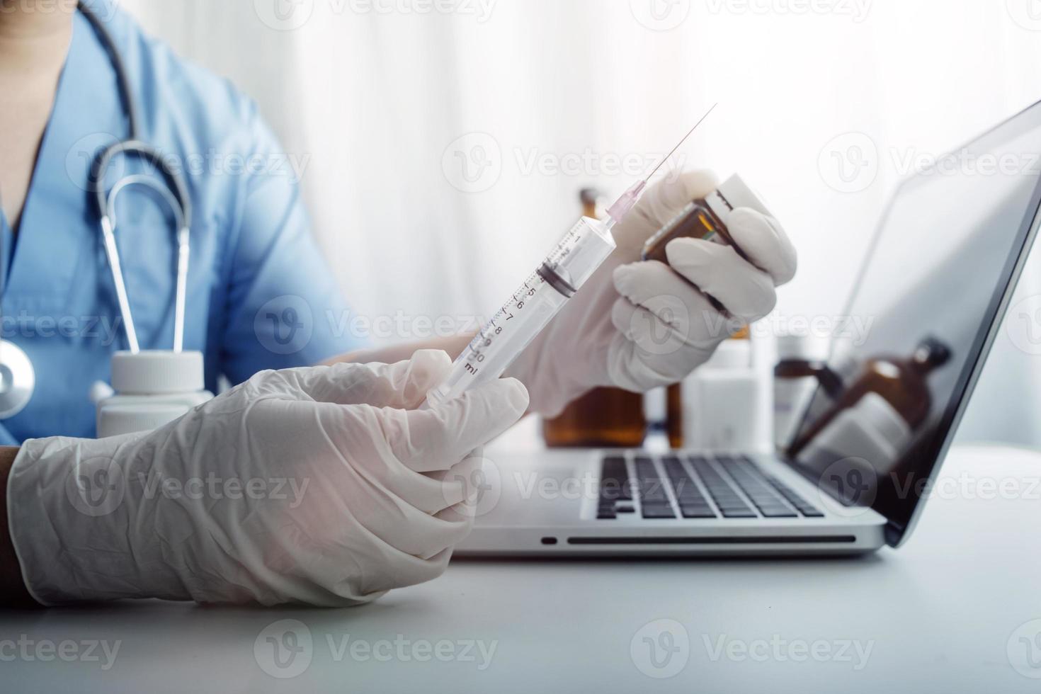 Medicine doctor and stethoscope touching icon medical network connection with modern interface on digital tablet in hospital background. Medical technology network concept photo