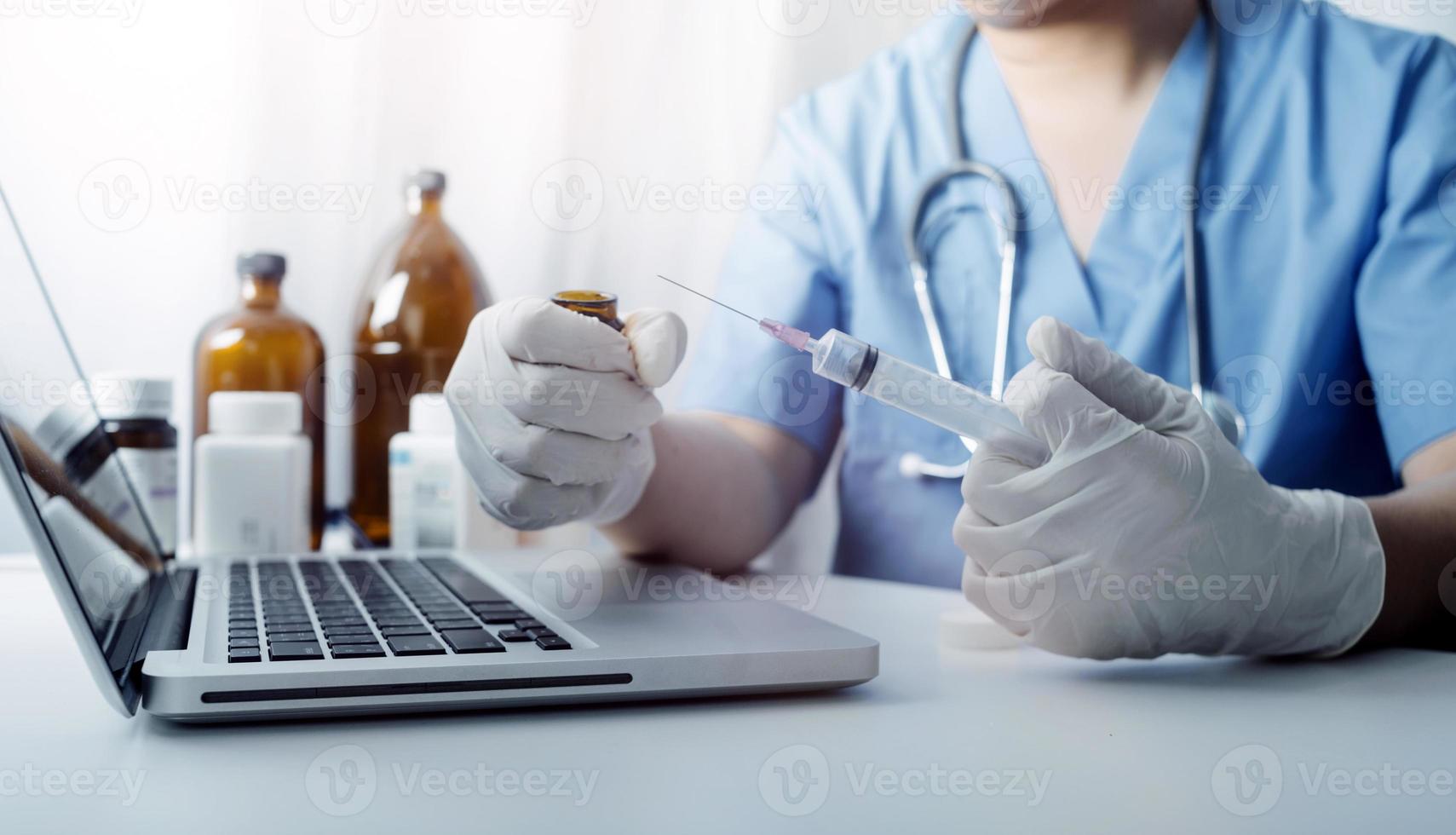 Medicine doctor and stethoscope touching icon medical network connection with modern interface on digital tablet in hospital background. Medical technology network concept photo