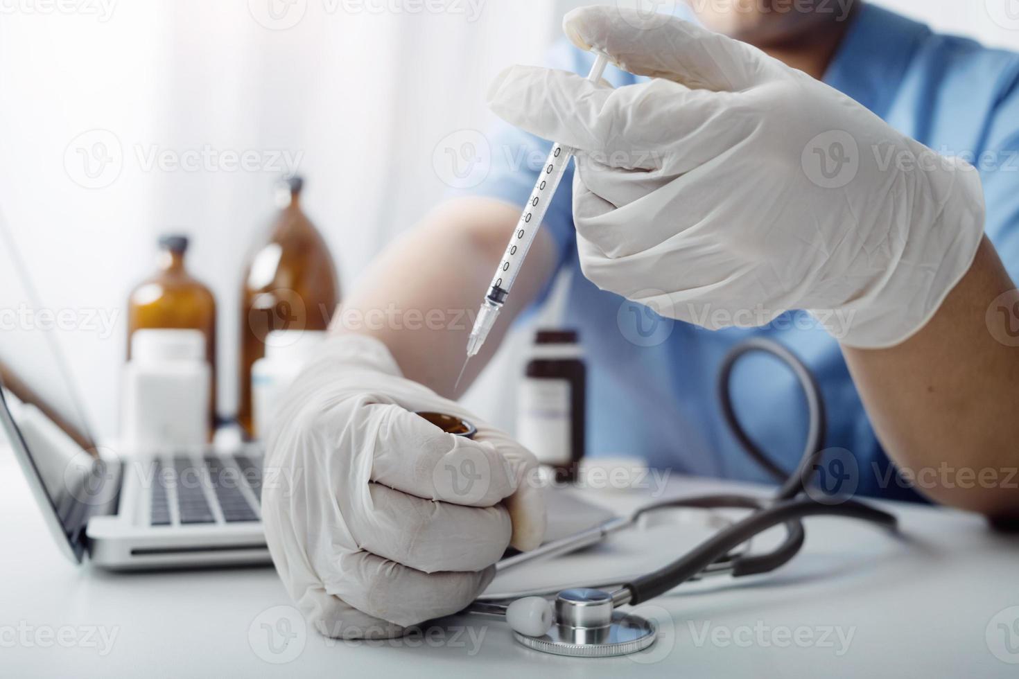 Medicine doctor and stethoscope touching icon medical network connection with modern interface on digital tablet in hospital background. Medical technology network concept photo