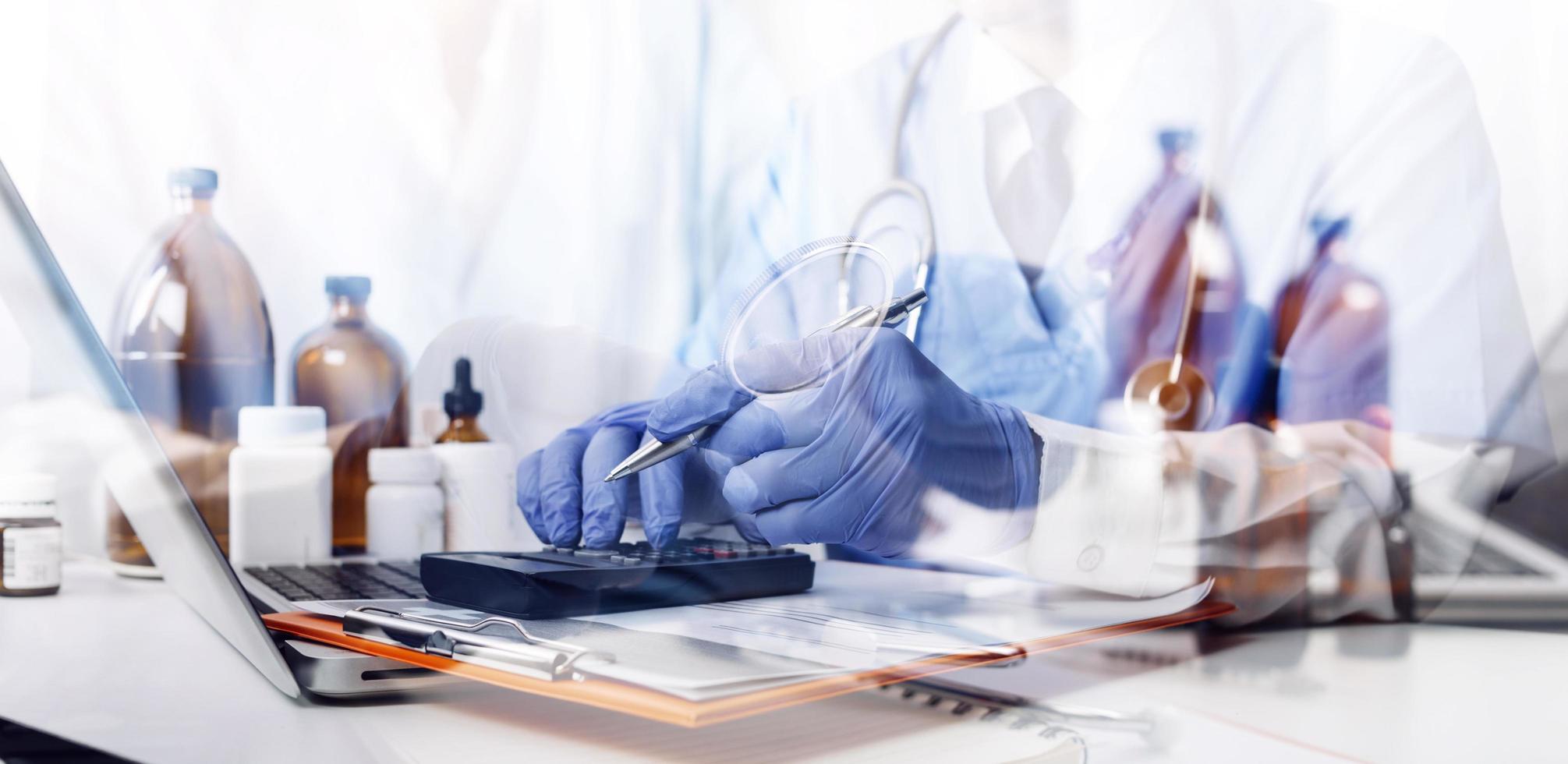 Medicine doctor and stethoscope touching icon medical network connection with modern interface on digital tablet in hospital background. Medical technology network concept photo