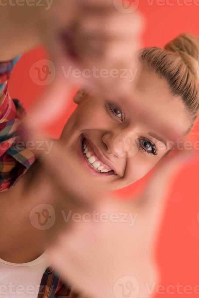 young woman over color background photo