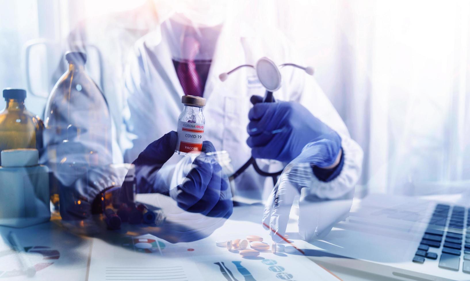 Medicine doctor and stethoscope touching icon medical network connection with modern interface on digital tablet in hospital background. Medical technology network concept photo