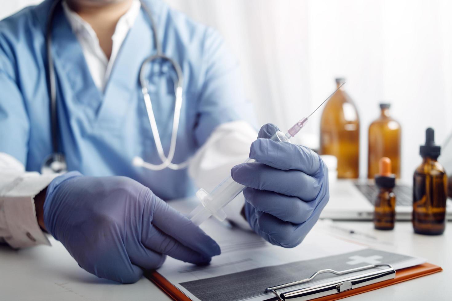 Medicine doctor and stethoscope touching icon medical network connection with modern interface on digital tablet in hospital background. Medical technology network concept photo