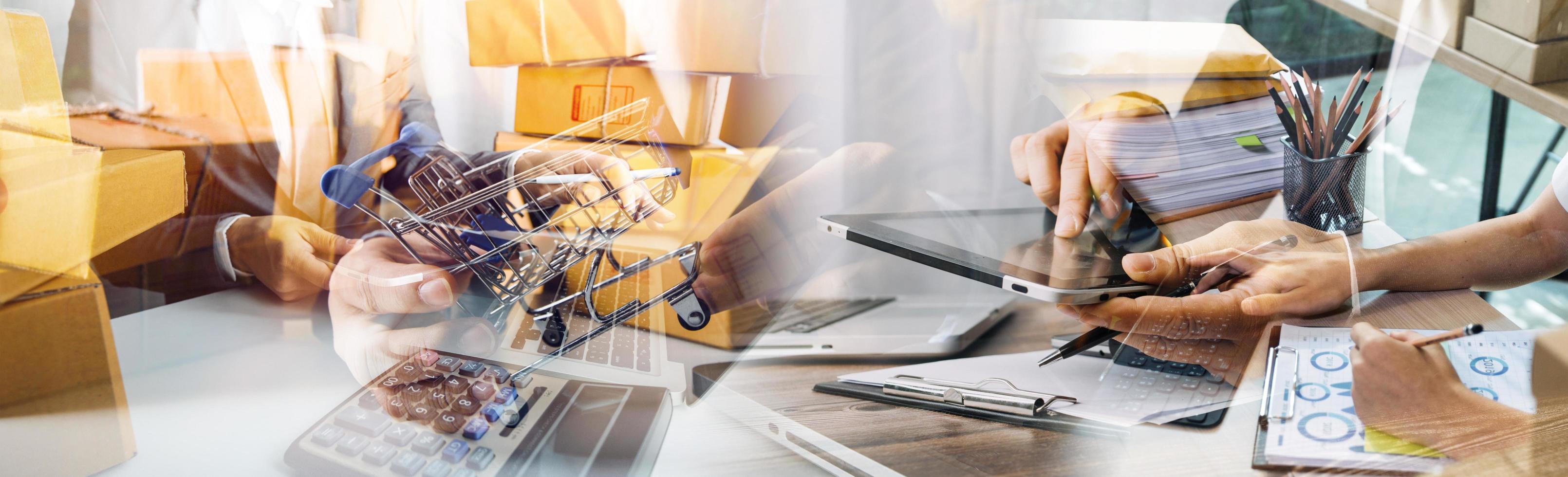 Startup small business entrepreneur or freelance Asian woman using a laptop with box, Young success Asian woman with her hand lift up, online marketing packaging box and delivery, SME concept. photo