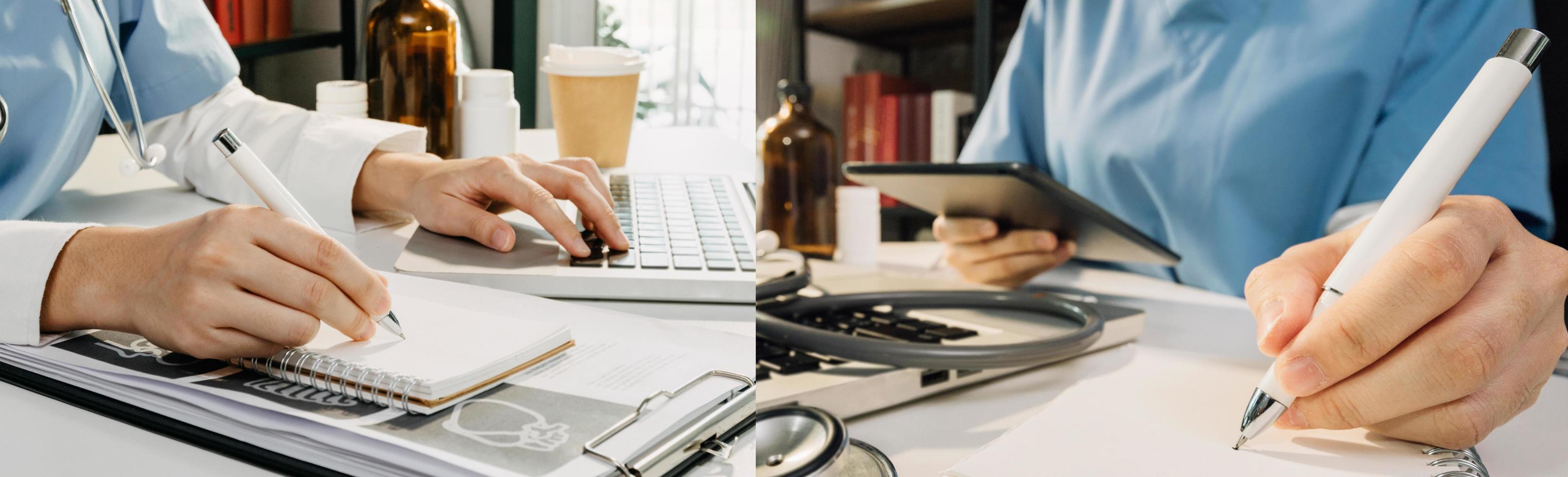 Medicine doctor and stethoscope touching icon medical network connection with modern interface on digital tablet in hospital background. Medical technology network concept photo