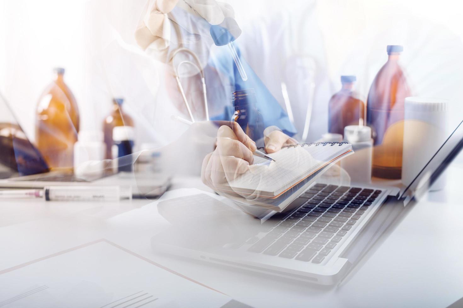 Medicine doctor and stethoscope touching icon medical network connection with modern interface on digital tablet in hospital background. Medical technology network concept photo