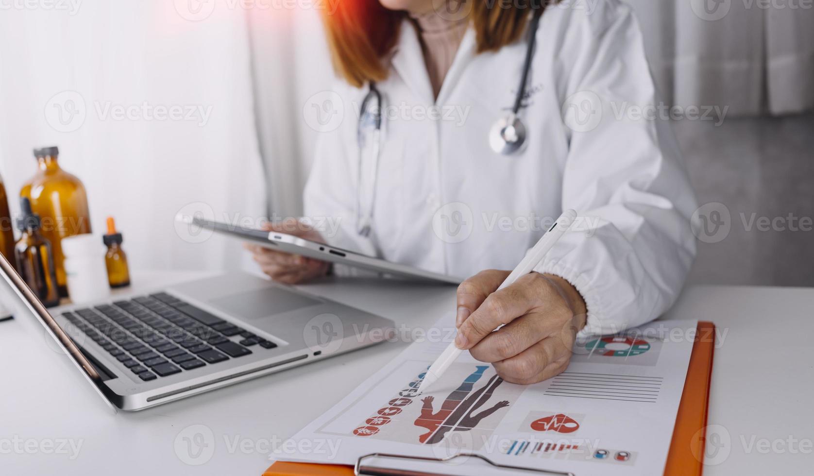 Medicine doctor and stethoscope touching icon medical network connection with modern interface on digital tablet in hospital background. Medical technology network concept photo